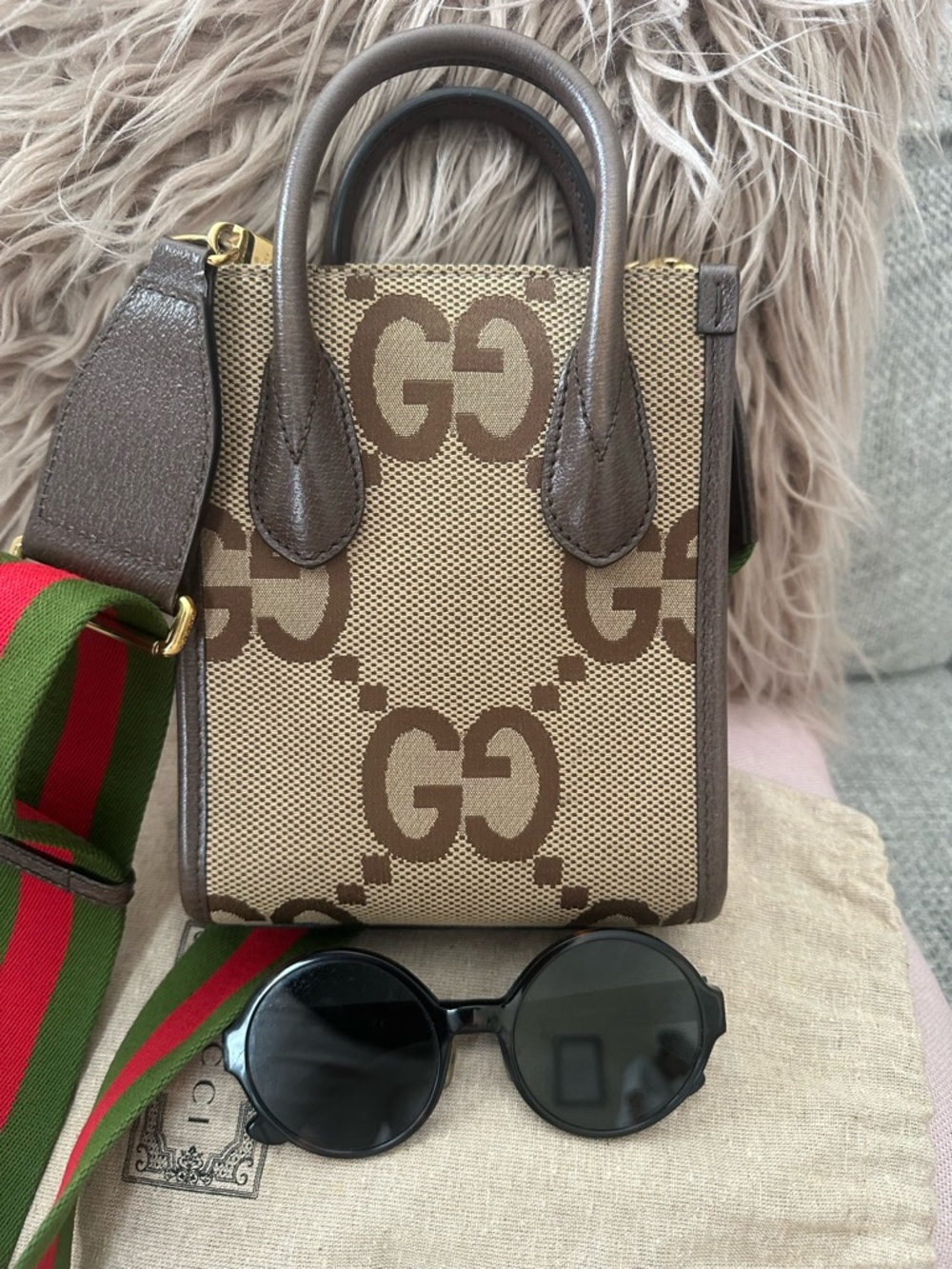 Gucci Brown GG Canvas Micro Tote with Green-Red Web Strap